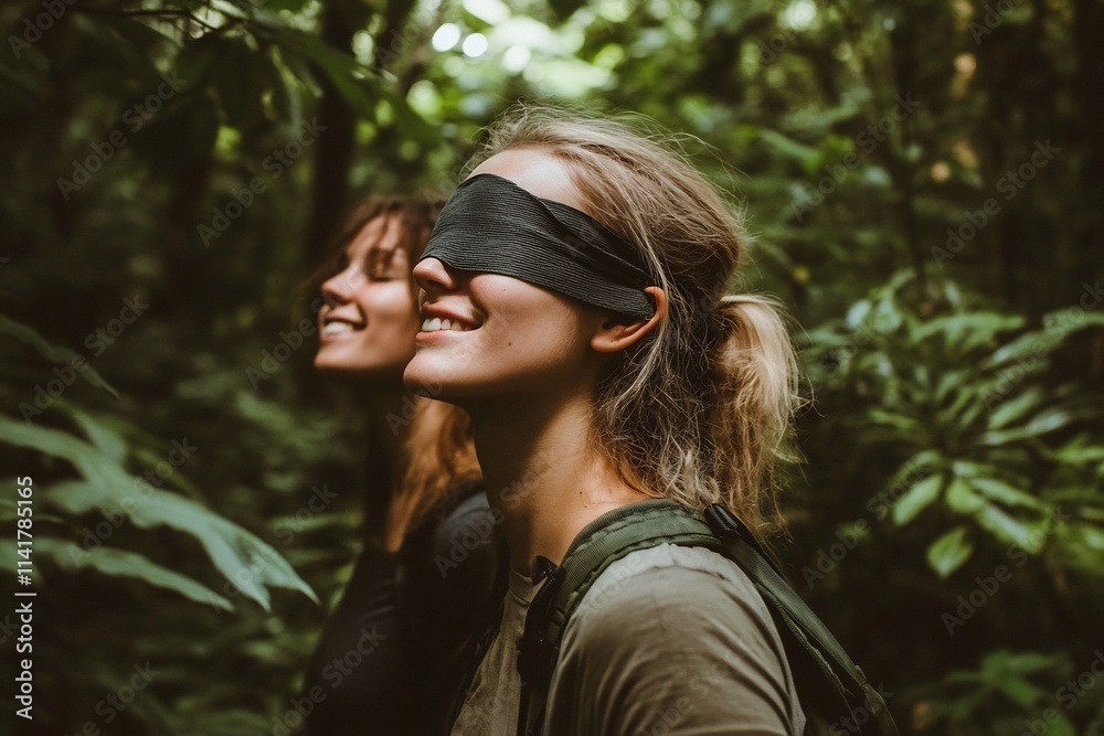 Blindfolded person being led through serene forest by smiling friend highlighting trust and Blindfolded person being led through serene forest by smiling friend highlighting trust and