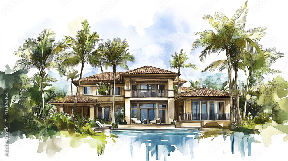 Fototapeta premium Luxurious beachfront house surrounded by tropical palms and vibrant greenery
