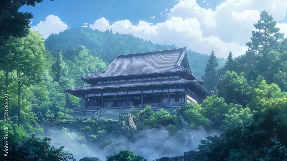 Serene mountain temple nestled in lush greenery. Serene mountain temple nestled in lush greenery.