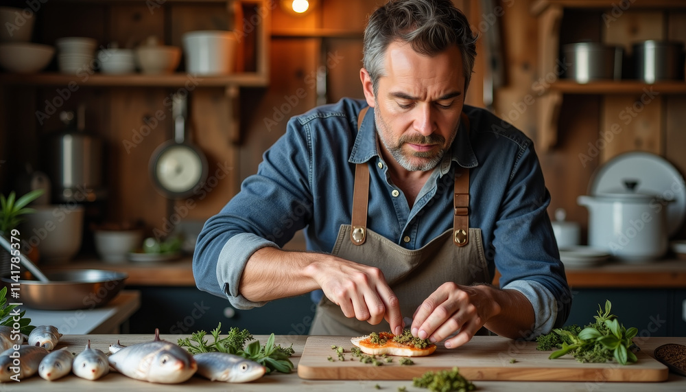 Innovative chef crafts unique dishes with fresh ingredients in a rustic kitchen during a culinary exploration