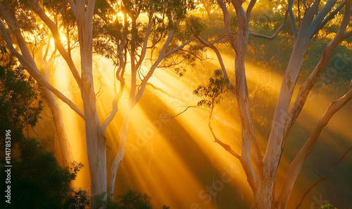 Golden hour tree light. Sunbeams stream through branches photo