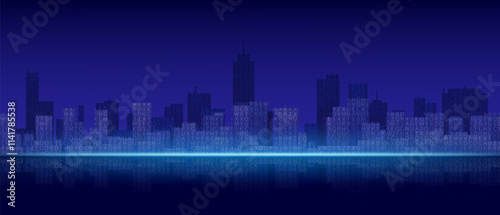 Tech city skyline background. Vector realistic illustration of dark blue cityscape, modern building silhouettes and skyscrapers, futuristic communication technology, virtual reality, business banner