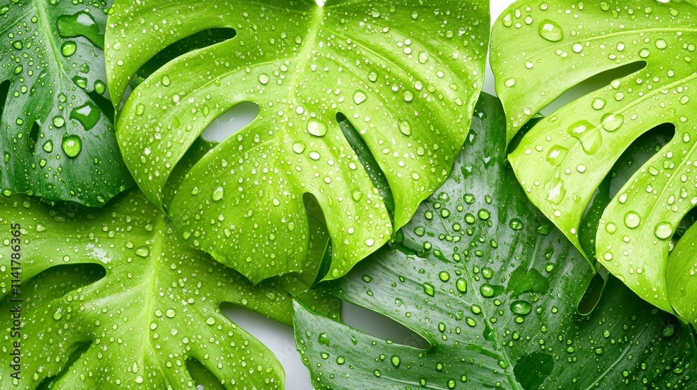 Fototapeta premium Lush green leaves with water droplets, showcasing a vibrant natural texture, ideal for a refreshing botanical aesthetic.