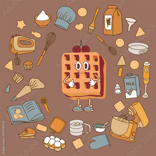 Colorful collection of baking accessories and cherry flavored waffle. Doodle illustrations of cooking items on the background of mochi mousse 2025. Vector illustration