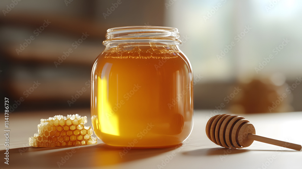 Organic honey jar with honeycomb and dipper Organic honey jar with honeycomb and dipper