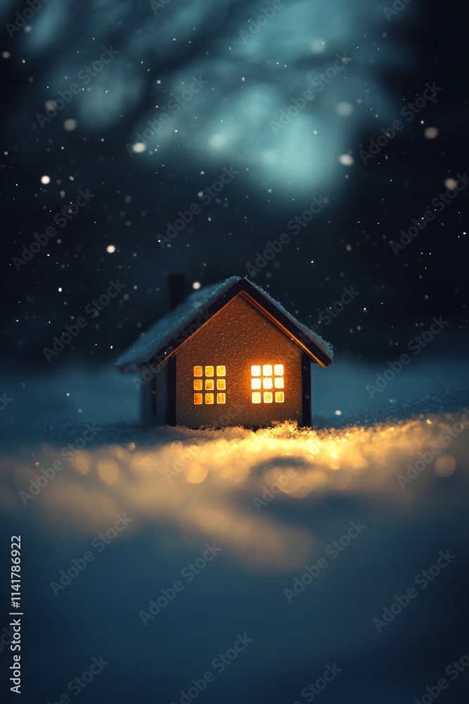 Naklejka premium A small house on a winter landscape, illuminated by warm light from within, a dark sky with clouds, in a minimalistic paper-cut style