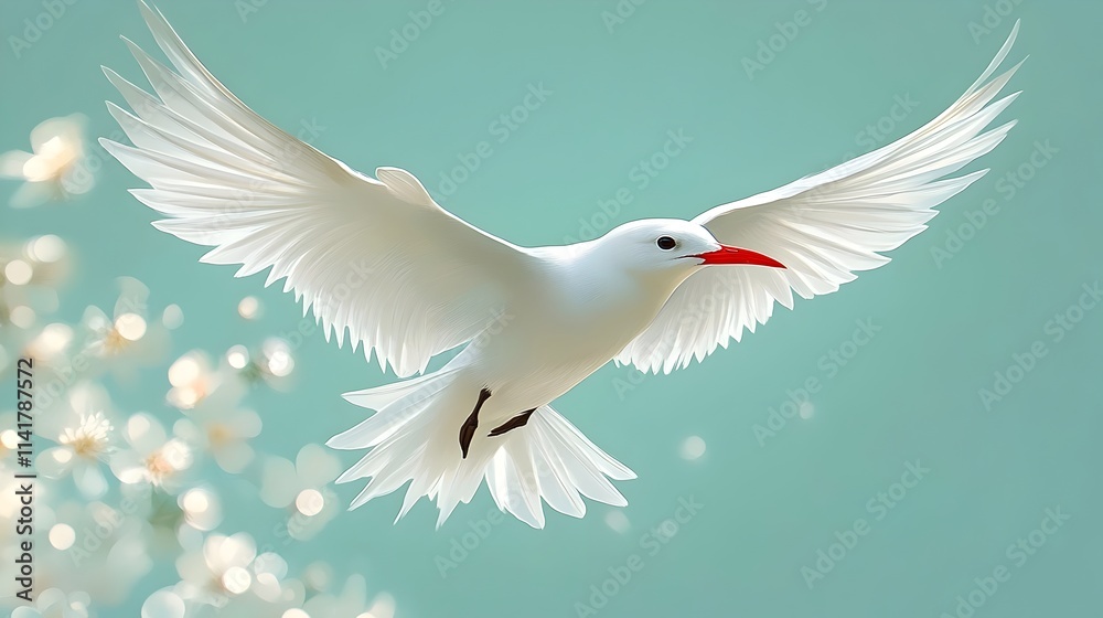 A white bird with red beak flying in the sky A white bird with red beak flying in the sky