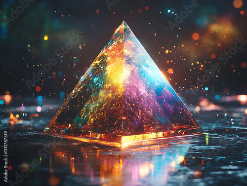 Shimmering Holographic Pyramid Above Reflective Surface