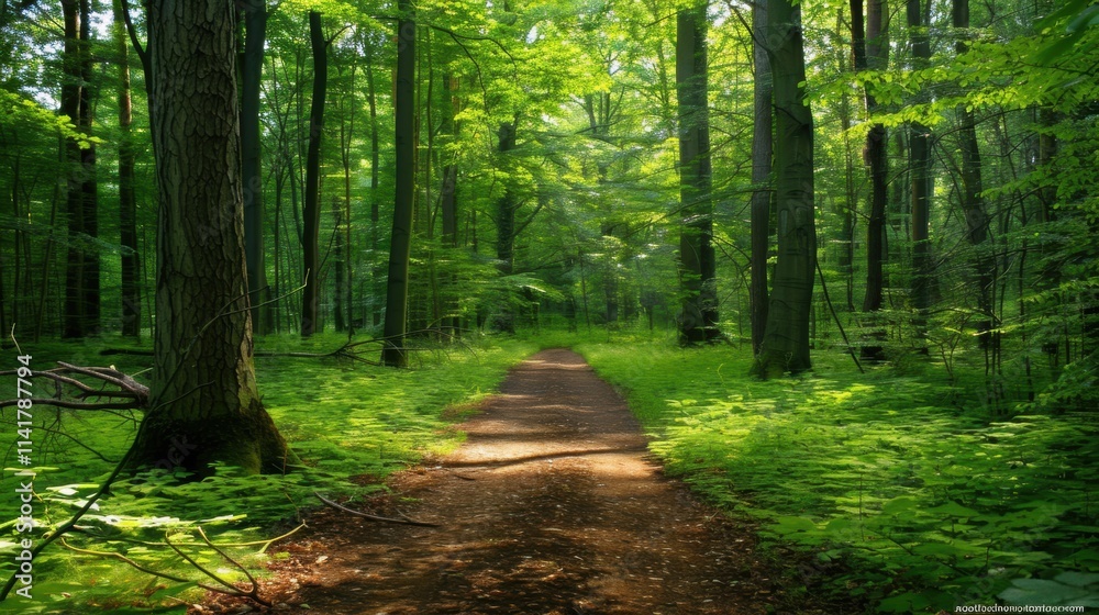 A serene forest path winds through lush greenery, sunlight filtering through tall trees, creating a peaceful, inviting atmosphere. A serene forest path winds through lush greenery, sunlight filtering through tall trees, creating a peaceful, inviting atmosphere.