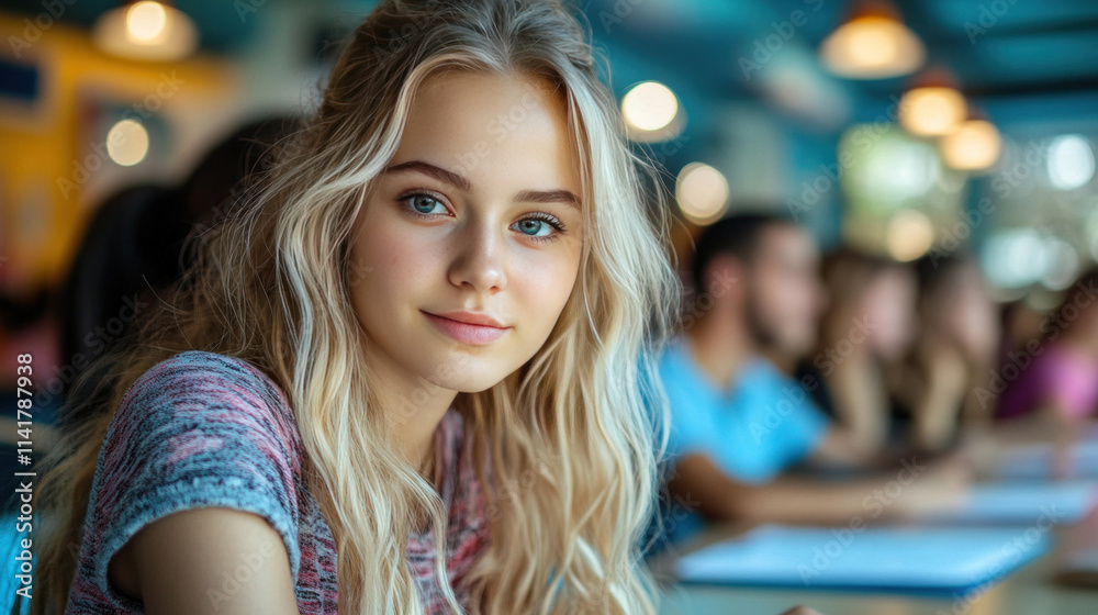 Students taking a pop quiz in a brightly lit classroom, focused and diligently writing