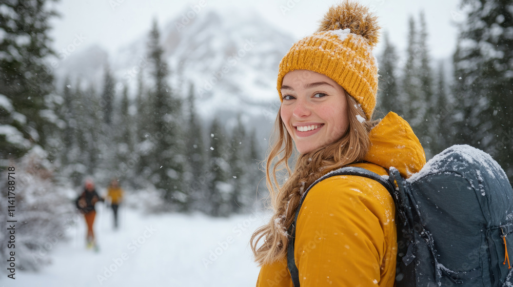 Fototapeta premium German women snowshoeing together in winter at Banff National Park Canada