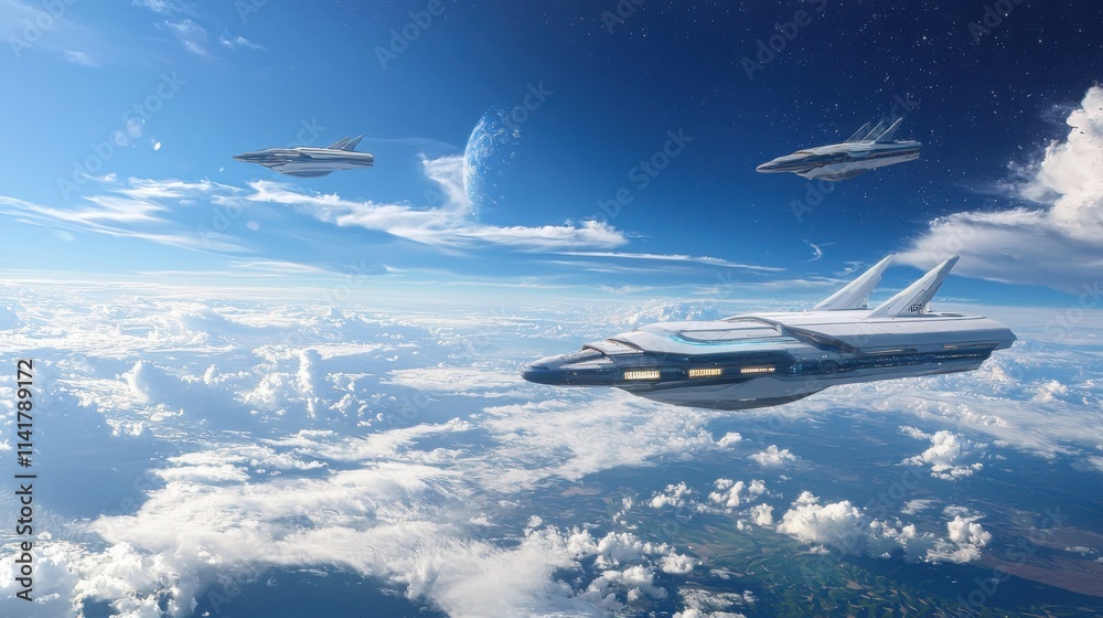 Fototapeta premium Futuristic space exploration event outer space digital art cloud environment aerial viewpoint advanced technology concept