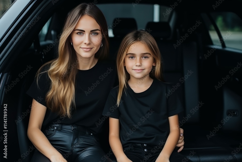 Fashionable mother and daughter wearing black shirts sitting together in the back seat of a car, enjoying a comfortable ride