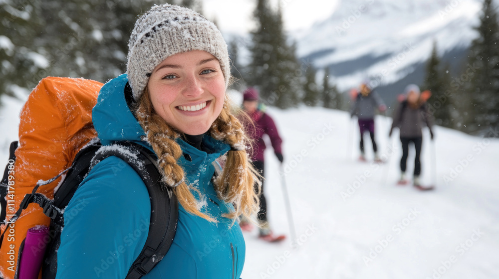 German women snowshoeing together in winter at Banff National Park Canada German women snowshoeing together in winter at Banff National Park Canada