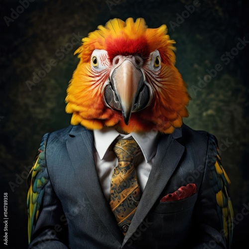 the AI Image Generator, Parrot Combining Business Attire with Vibrant Creativity photo