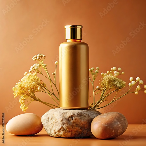 .A minimalist and elegant product design with smooth stones, delicate dried flowers, and a sleek shampo bottle with a gold cap, all set against a deep orange background. photo