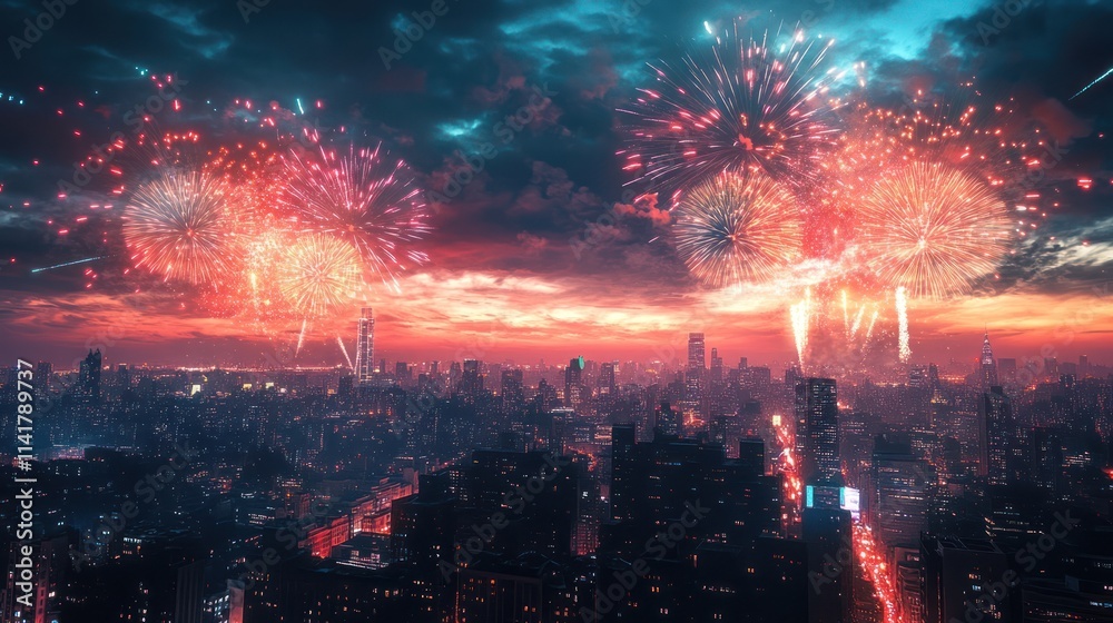 Fototapeta premium Fireworks explode over city skyline at sunset.