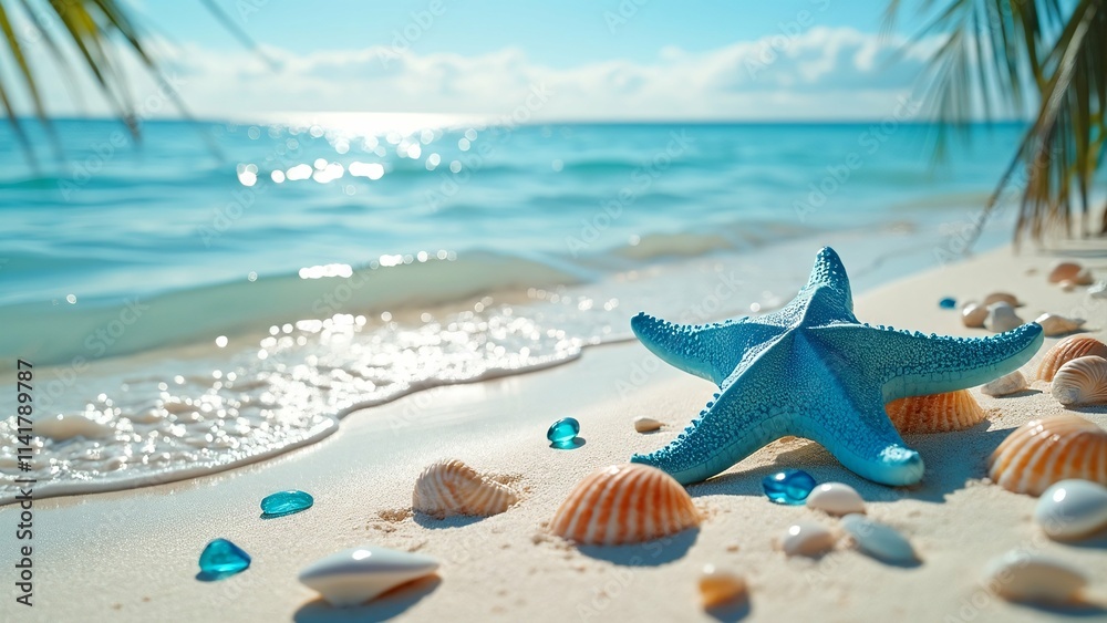 Beautiful Tropical Beach with Blue Starfish, Seashells, and Calm Waves Under Sunny Sky, Photograph pc, laptop wallpaper Beautiful Tropical Beach with Blue Starfish, Seashells, and Calm Waves Under Sunny Sky, Photograph pc, laptop wallpaper