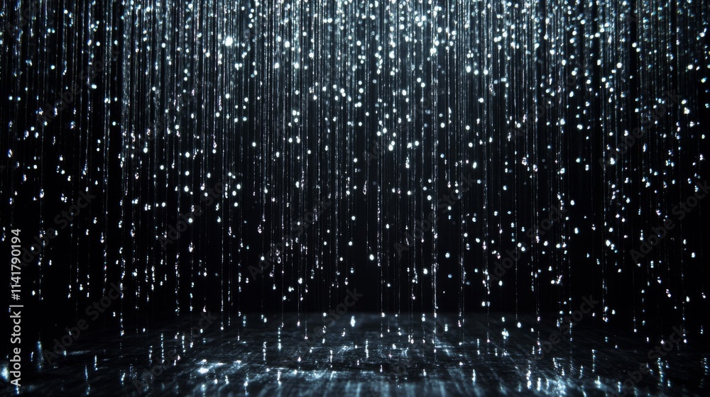 Silver Rain Falling On Dark Reflective Surface Silver Rain Falling On Dark Reflective Surface