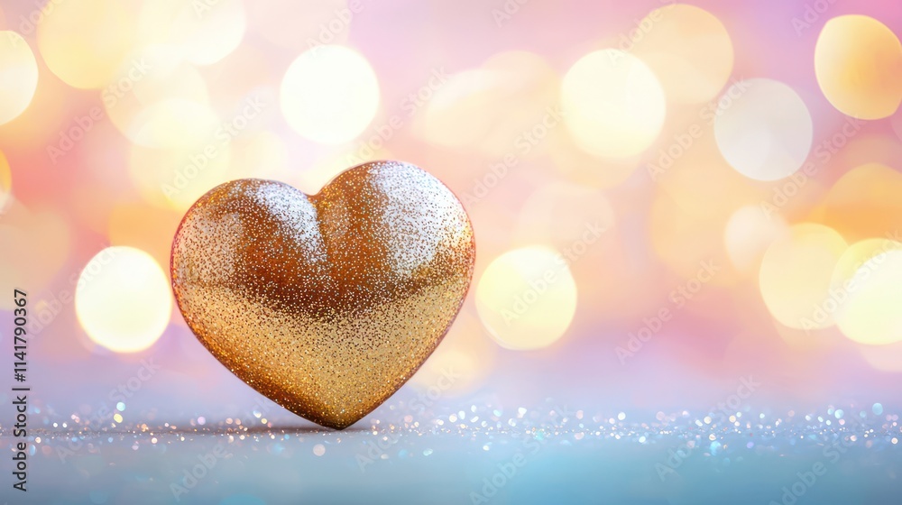 Fototapeta premium Soft, elegant gold heart with a dreamy bokeh effect and pastel hues surrounding it.