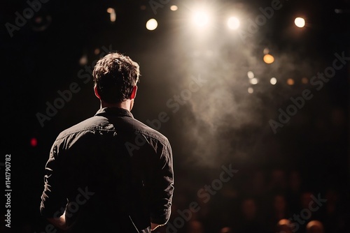 A Dramatic Performer Delivering an Intense Monologue on a Dimly Lit Stage