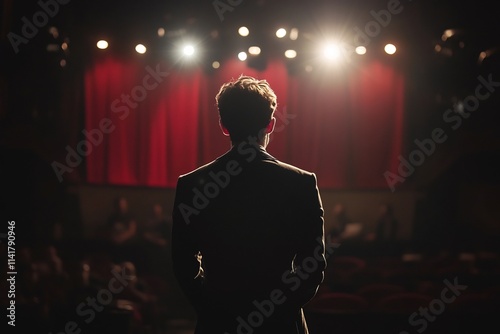 Captivating Theater Actor Delivering Dramatic Monologue on Dim Spotlit Stage