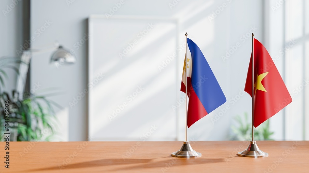 FLAGS OF PHILIPPINES AND VIETNAM ON TABLE