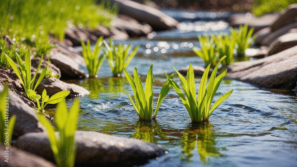 A vibrant green frog basks on a smooth, moss-covered stone amidst a tranquil stream, surrounded by lush greenery and the serene beauty of a natural landscape A vibrant green frog basks on a smooth, moss-covered stone amidst a tranquil stream, surrounded by lush greenery and the serene beauty of a natural landscape