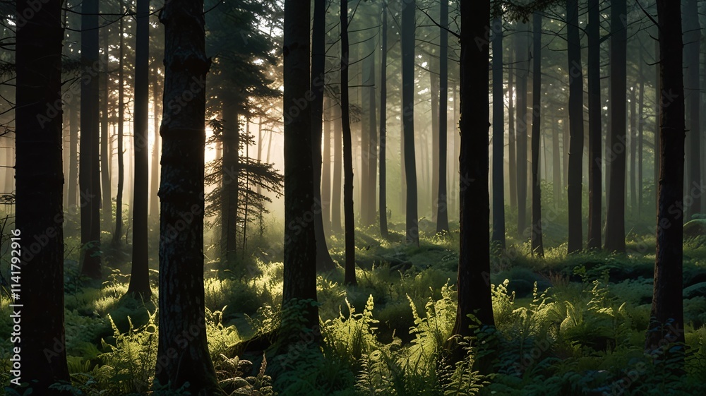 Naklejka premium Serene Forest at Dawn with Mist and Sunlight Through Trees V4