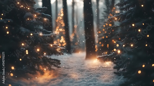 Winter Forest with Pine Trees and Glowing Christmas Lights