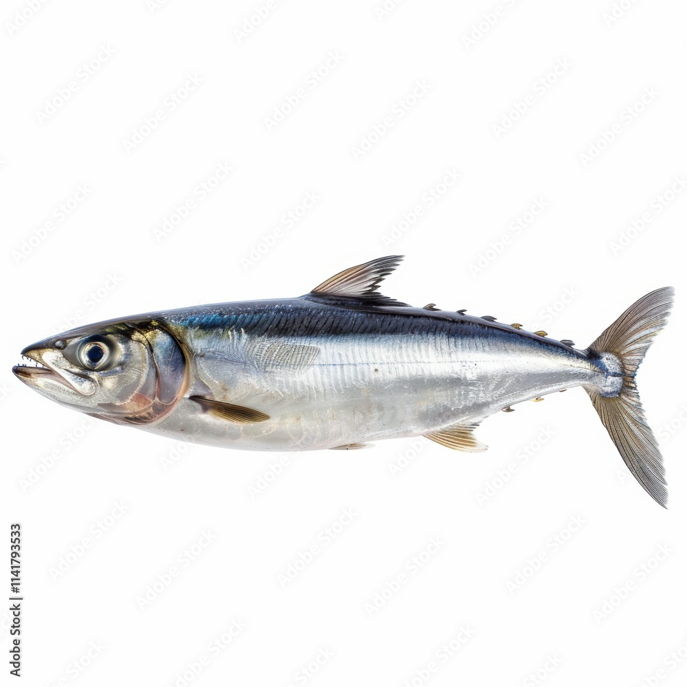 A shiny, silver mackerel fish with a streamlined body and visible dorsal fins, viewed from the side against a white background. A shiny, silver mackerel fish with a streamlined body and visible dorsal fins, viewed from the side against a white background.