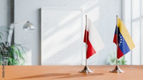 FLAGS OF POLAND AND VENEZUELA ON TABLE photo