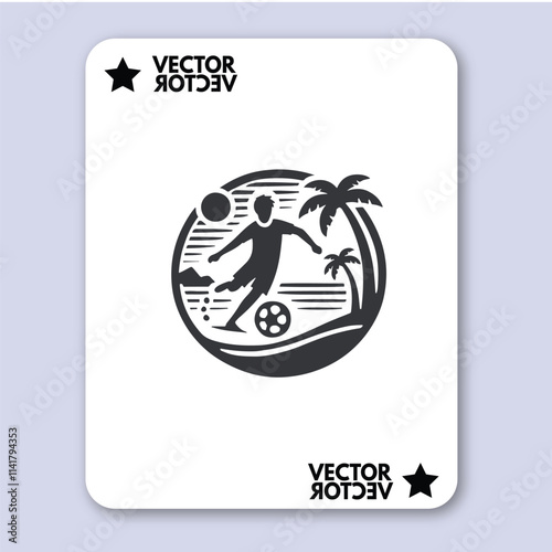 People play beach soccer. Active sports sea sandy coast. Guys pass ball each other on tropical beach. Open training for professionals and fun team game vacationers. Vector flat illustration isolated