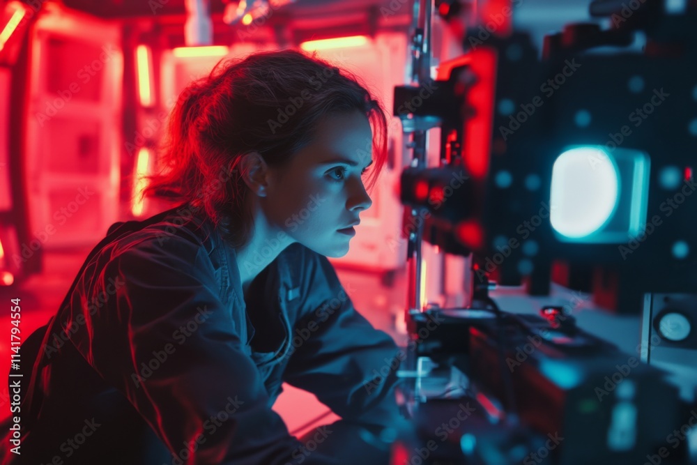 A woman engaged in a futuristic setting, illuminated by red and blue lights. She focuses intently on her task. A blend of technology and creativity. Generative AI A woman engaged in a futuristic setting, illuminated by red and blue lights. She focuses intently on her task. A blend of technology and creativity. Generative AI