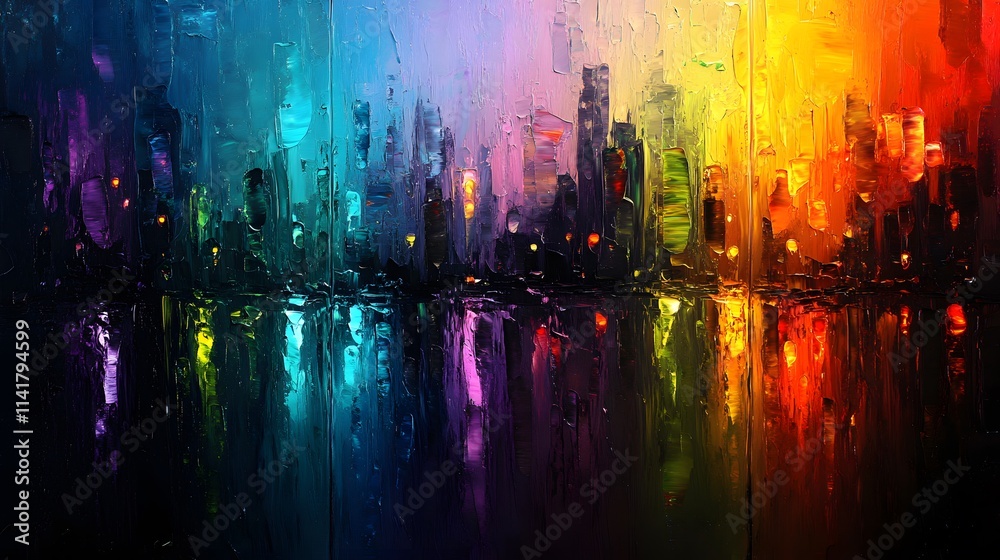 Naklejka premium Abstract oil painting background with rainbow colors, a cityscape with a rainbow