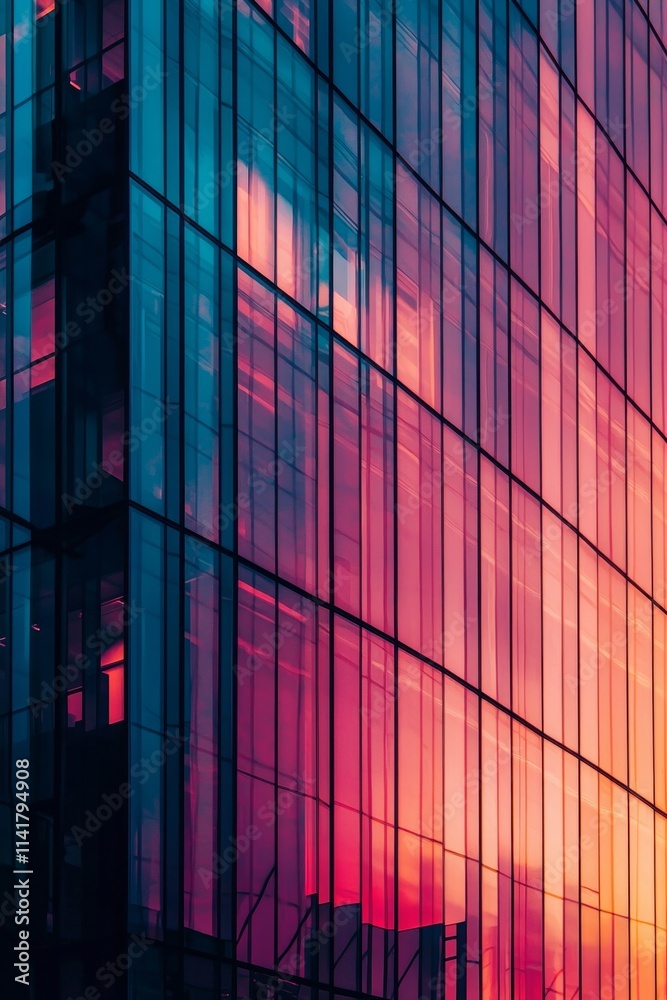 A vertical gradient of blue to pink, from left to right, set against the backdrop of an office building's glass facade at sunset. A vertical gradient of blue to pink, from left to right, set against the backdrop of an office building's glass facade at sunset.
