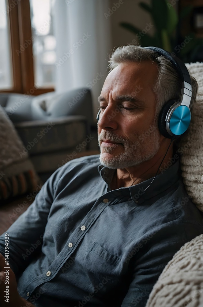Fototapeta premium A bearded man with headphones listens to music while relaxing indoors, eyes closed, enjoying peaceful moments, calm atmosphere, and quality sound in a serene environment