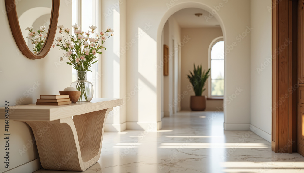 Innovative and artistic furniture design enhances a serene hallway atmosphere with natural light Innovative and artistic furniture design enhances a serene hallway atmosphere with natural light