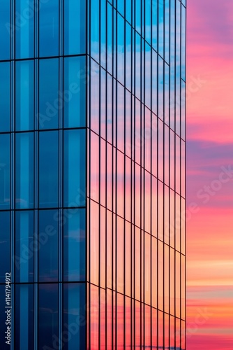 Wallpaper Mural A vertical gradient of blue to pink, from left to right, set against the backdrop of an office building's glass facade at sunset.  Torontodigital.ca