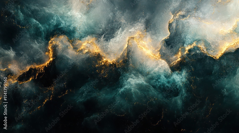 Abstract, ethereal, swirling clouds of deep teal, gold, and white, resembling nebula or cosmic landscape. Abstract, ethereal, swirling clouds of deep teal, gold, and white, resembling nebula or cosmic landscape.