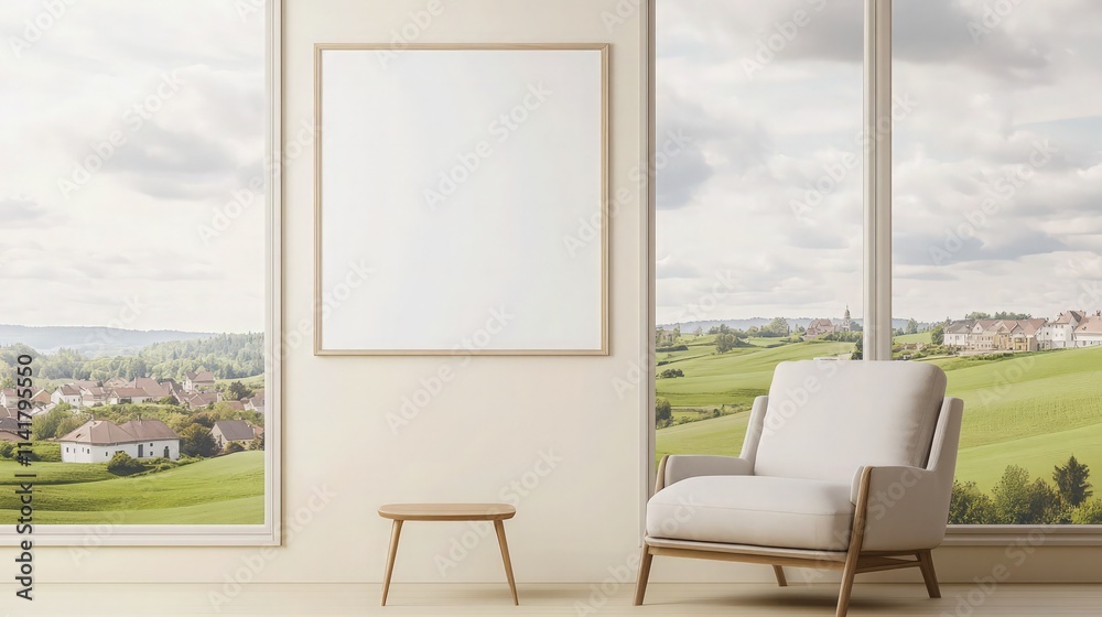 Fototapeta premium A chic lounge area with a blank poster on a light cream wall, featuring a modern armchair and a small wooden coffee table. The large windows provide a view of a village nestled in rolling green hills.