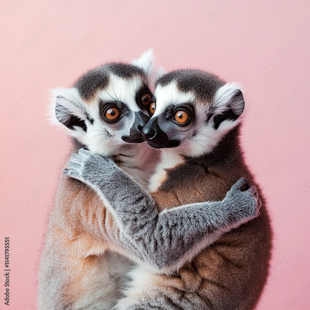 Fototapeta premium lemur in love. on a plain colored background. bright photo. vivid emotions