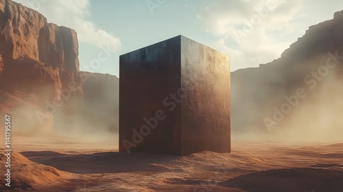 Surreal landscape with a metal cube in the desert