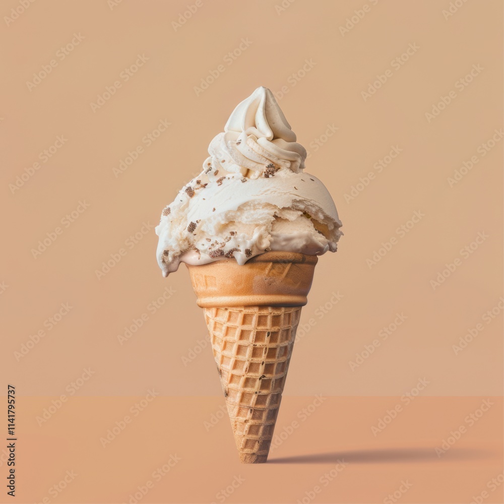 A creamy swirl of soft-serve ice cream topped with crushed nuts, served in a classic waffle cone against a warm beige background. A creamy swirl of soft-serve ice cream topped with crushed nuts, served in a classic waffle cone against a warm beige background.