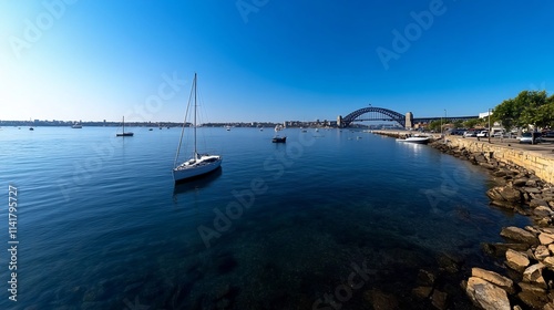 Wallpaper Mural Sydney Harbour's Tranquil Morning: Yacht and Gleaming Bridge Torontodigital.ca