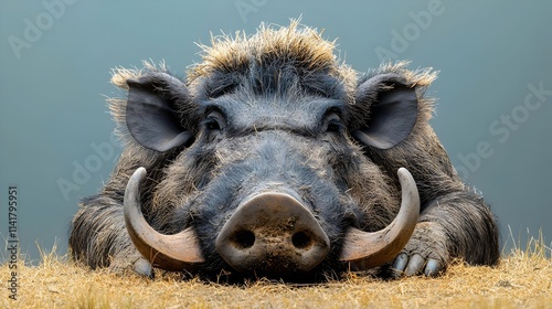 A pig with a big nose and tusks is laying down on the ground photo