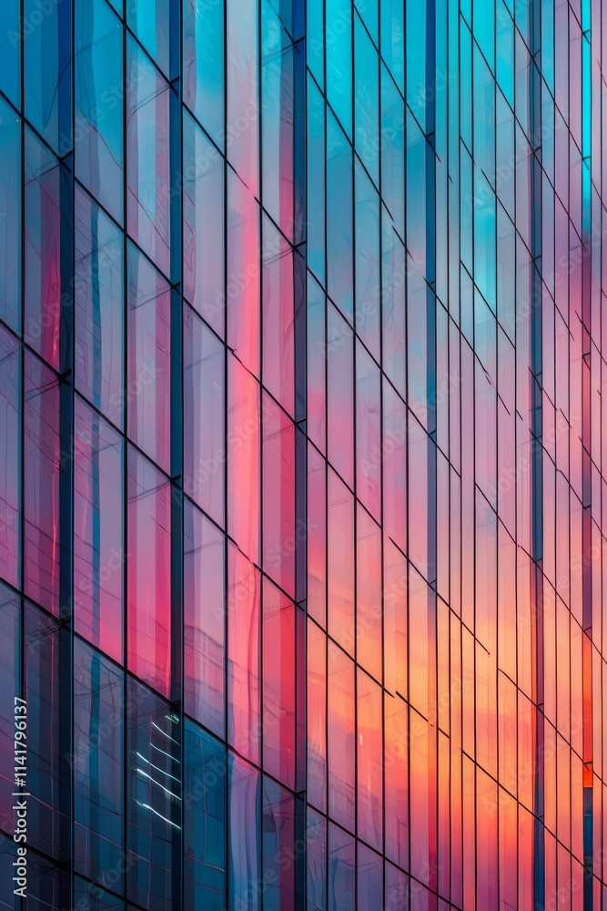 A vertical gradient of blue to pink, from left to right, set against the backdrop of an office building's glass facade at sunset. A vertical gradient of blue to pink, from left to right, set against the backdrop of an office building's glass facade at sunset.