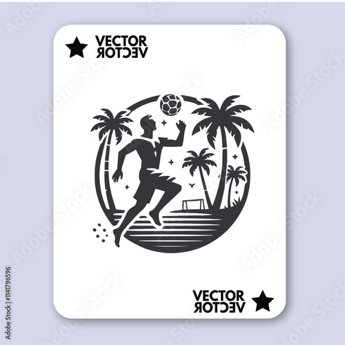 People play beach soccer. Active sports sea sandy coast. Guys pass ball each other on tropical beach. Open training for professionals and fun team game vacationers. Vector flat illustration isolated