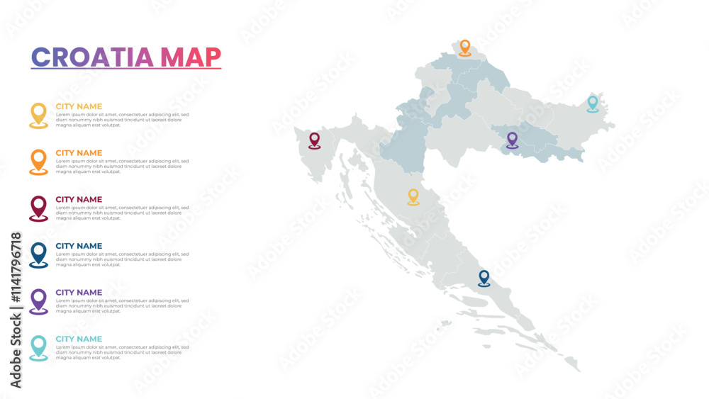 Naklejka premium Croatia Modern Map Infographic Template, Detailed infographic map of Croatia Popular City