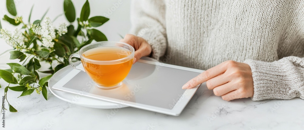 Cozy scene with a person holding tea and a tablet on a marble surface with greenery. Cozy scene with a person holding tea and a tablet on a marble surface with greenery.